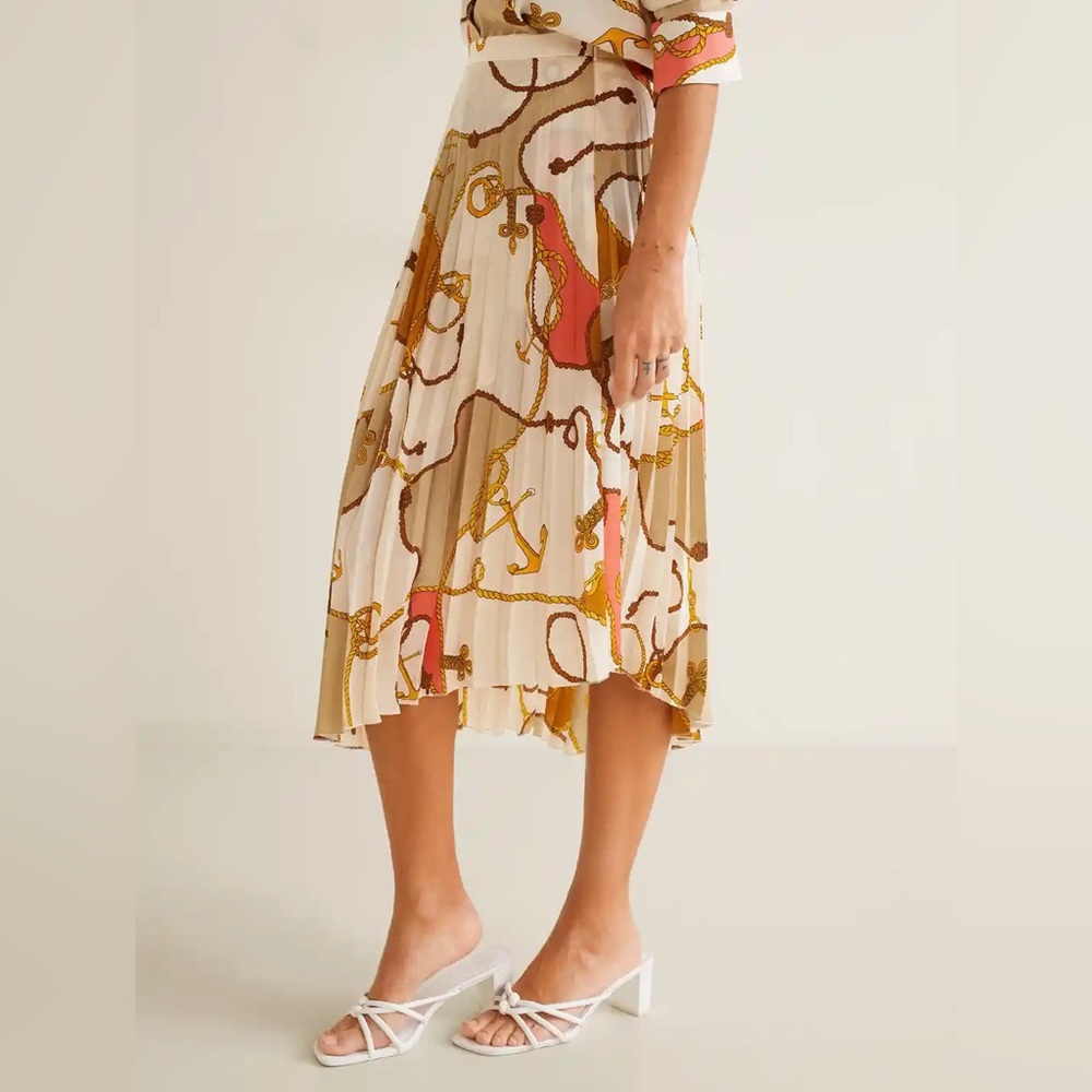 Mango Pleated Midi Skirt Cream Chain Rope Print US XS